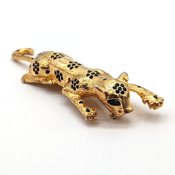 70s Spotted Leopard Brooch w Black Rhinestone Flowers Green Eyes Dangling Tail - Picture 12 of 13